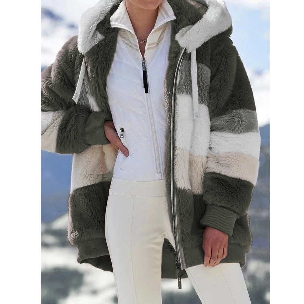 Women's Winter Hooded Coat 2026 - Thick Cashmere Plaid Stitched Jacket with Zipper - Shello's Creative Boutique