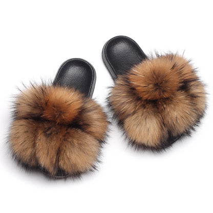 Women's Real Fox Raccoon Fur Slippers - Fluffy Pom Pom Slides Beach Sandals