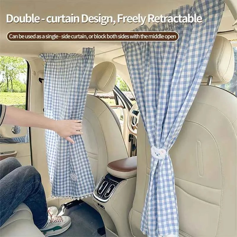 A Set of Car Interior Partition Curtains - Checkered Car Partition Curtains, Sunshade Car Curtains, Cute Bear Design Retractable