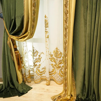 Luxury European Olive Green Velvet Embroidered Curtains - Custom Premium Drapes