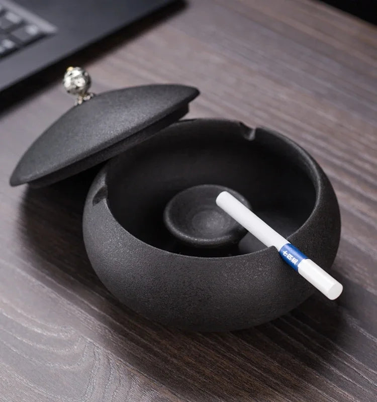 Creative Ceramic Ashtray with Lid – Anti-Fly Ash Desktop Ornament, 18 Styles