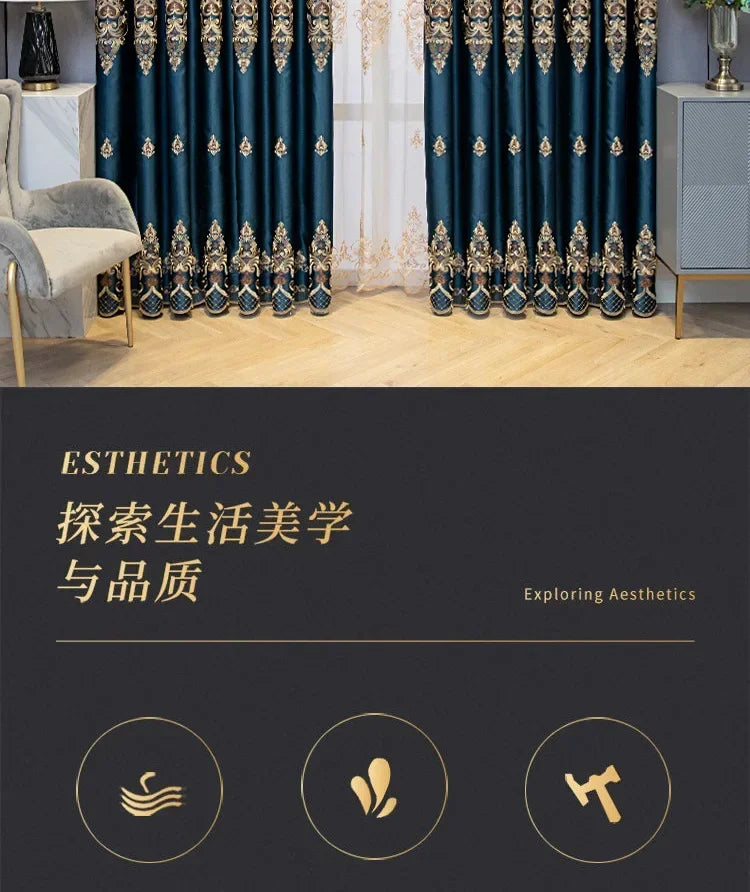 European Luxury Full Blackout Curtains - Heat Insulation & Acoustic Drapes with White Tulle - Shello's Creative Boutique