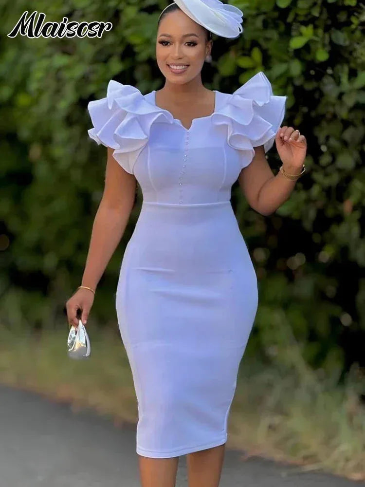 Elegant Square Neck Dress - Ruffled Beaded Mid-Length Evening Dress - Shello's Creative Boutique