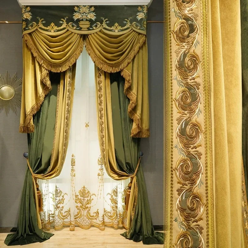 Luxury European Olive Green Velvet Embroidered Curtains - Custom Premium Drapes