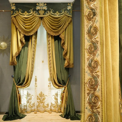 Luxury European Olive Green Velvet Embroidered Curtains - Custom Premium Drapes