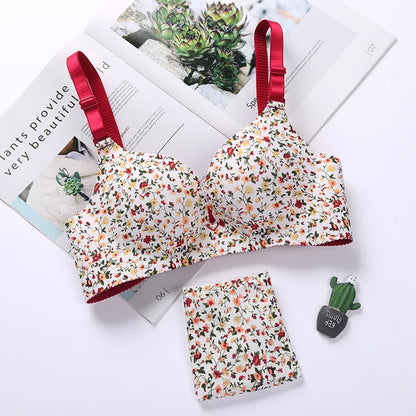 NURRASA Seamless Push-Up Bra & Panty Set – Sexy Floral Wire-Free Lingerie for Women, 3/4 Cup Adjustable Brassiere & Briefs (Sizes 70AB–85AB)