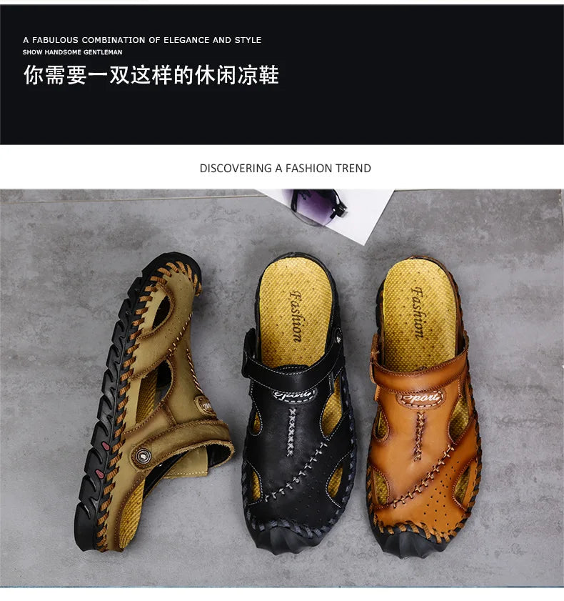 Men's Genuine Leather Sandals - Breathable Beach & Sports Sandals