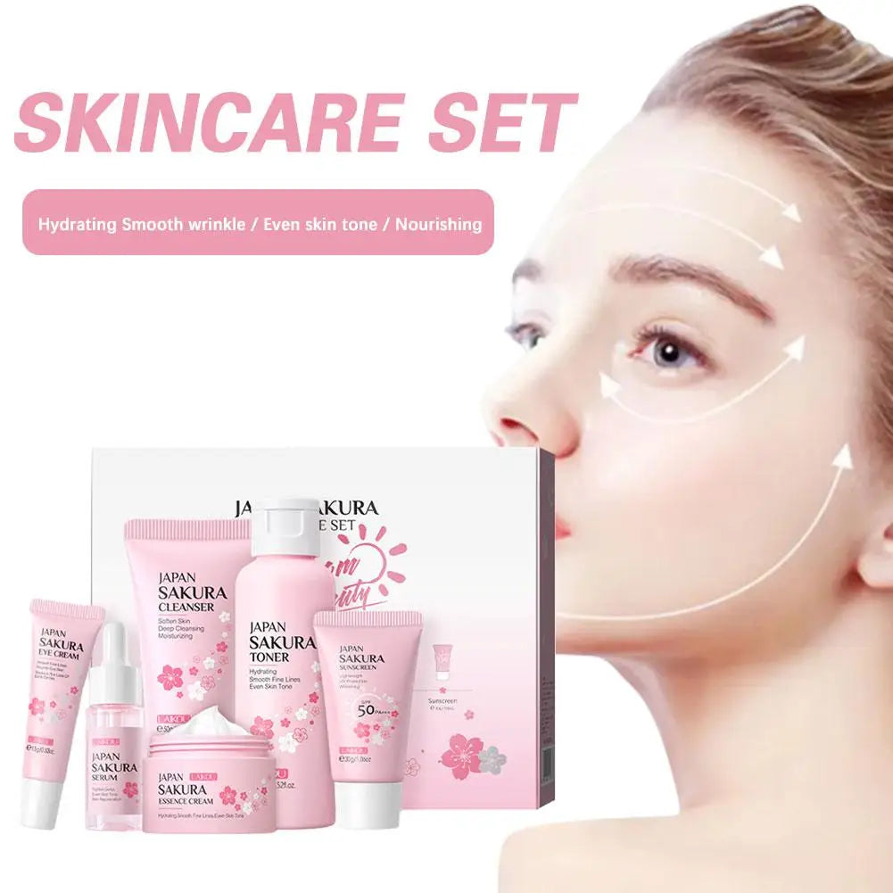 6pcs/Set Sakura Skin Care Sets Face Cream Serum Toner Facial Cleanser Sunscreen Eye Cream Face Skin Care Set Product Gift box Shello's Creative Boutique