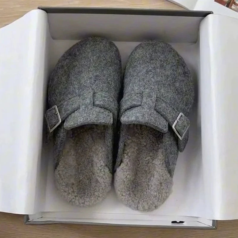 Kidmi Women's Slippers - Grey Leather Shearling Closed-Toe Felt Soft Mules Winter 2025 - Shello's Creative Boutique