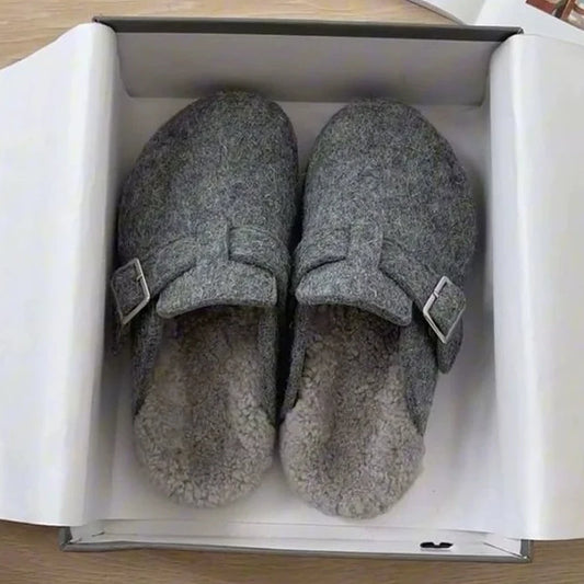 Kidmi Women's Slippers - Grey Leather Shearling Closed-Toe Felt Soft Mules Winter 2025 - Shello's Creative Boutique