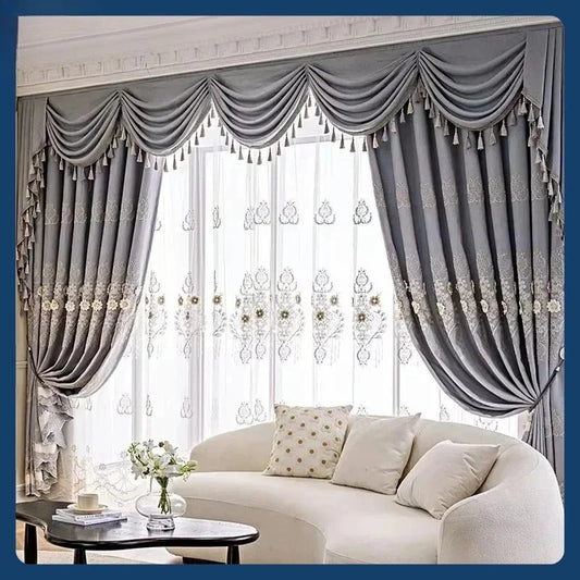 European Modern Blackout Curtains - Luxury Embroidered Tulle Villa Valance for Living Room & Bedroom