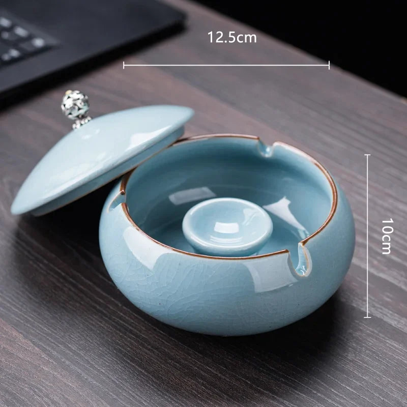 Creative Ceramic Ashtray with Lid – Anti-Fly Ash Desktop Ornament, 18 Styles