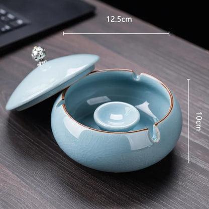 Creative Ceramic Ashtray with Lid – Anti-Fly Ash Desktop Ornament, 18 Styles