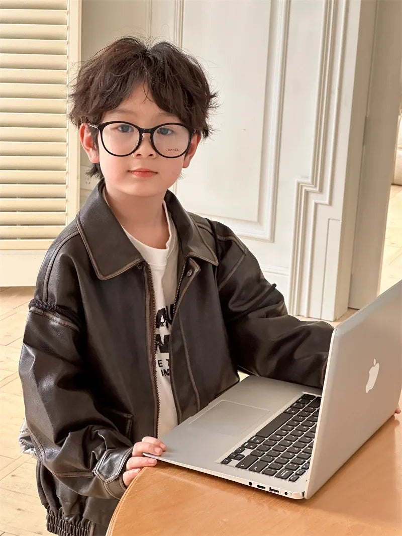 Children Clothing Fashion Casual All Match Leather Coat 2024 Fall New Boys Girls Retro Cool Jacket Solid Color Simple Coat Shello's Creative Boutique