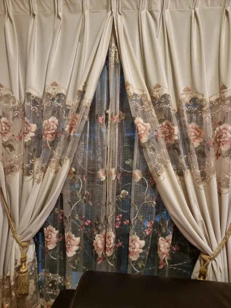 European Luxury Velvet Curtains - Embroidered Floral Tulle Blackout Drapes for Living Room