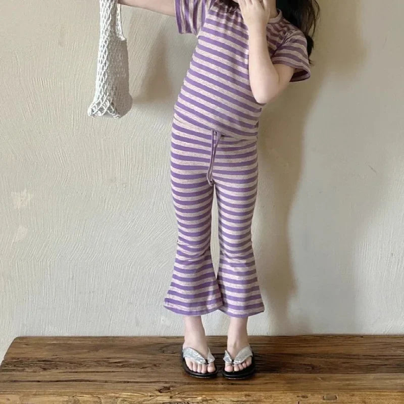 Girls’ Summer Line-Drawing 2-Piece Set – Striped Art-Inspired Tee & Wide-Leg Culottes Shello's Creative Boutique