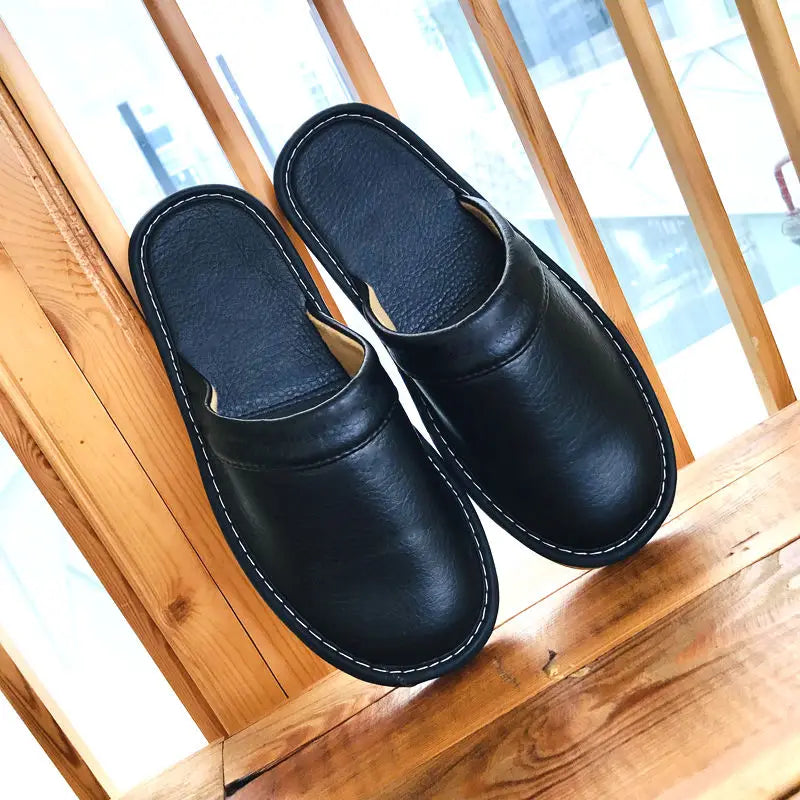 Men's Indoor Slippers - Closed Toe Faux Leather Slides (Large Sizes 47-48)