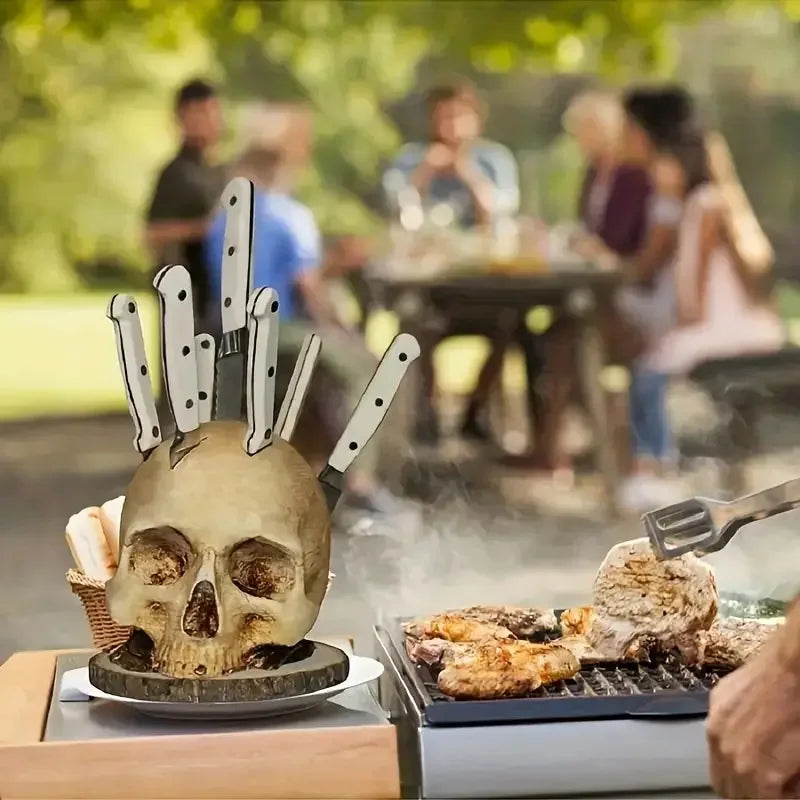 Skull Knife Holder Stand – Gothic Kitchen Knife Rack for Halloween & Home Décor