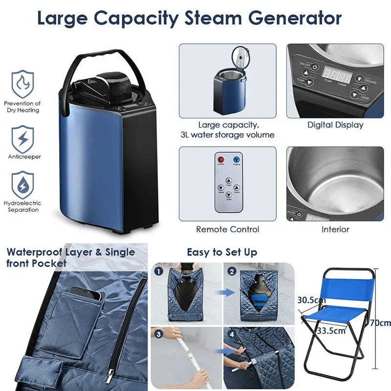 Portable 3L Steam Sauna Tent – 1000W Foldable Home Spa with Remote Control & Chair