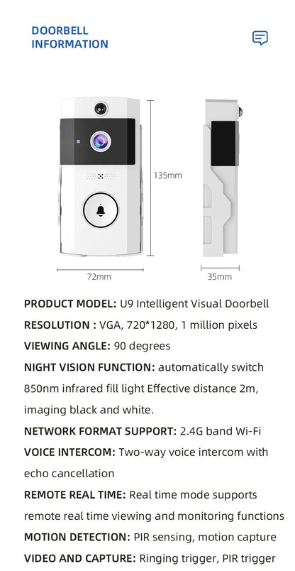 Solar Wireless Smart Video Doorbell HD with Rain Cover & WiFi