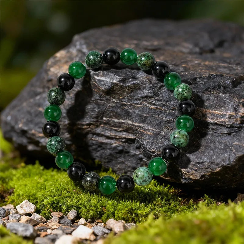 8mm Green & Black Natural Stone Beaded Bracelet – Handmade Elastic