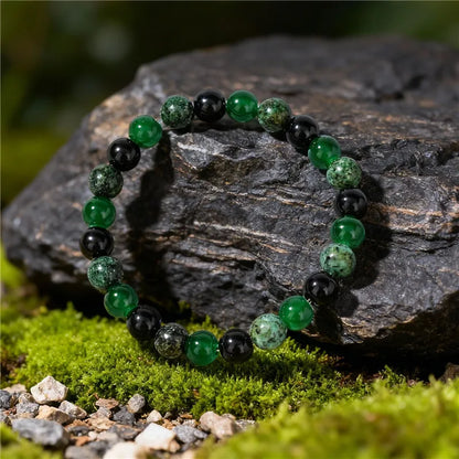 8mm Green & Black Natural Stone Beaded Bracelet – Handmade Elastic