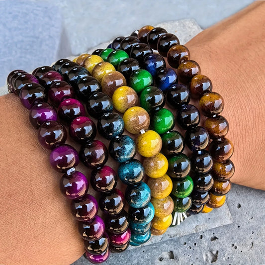 7-Piece Glass Tiger Eye Bead Bracelet Set – Colourful Good Luck Bracelets for Men & Women