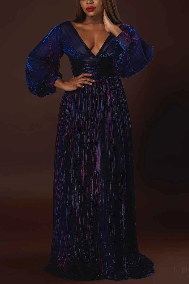 Plus Size Formal Multicolor Pleated V Neck Long Sleeves Maxi Dress