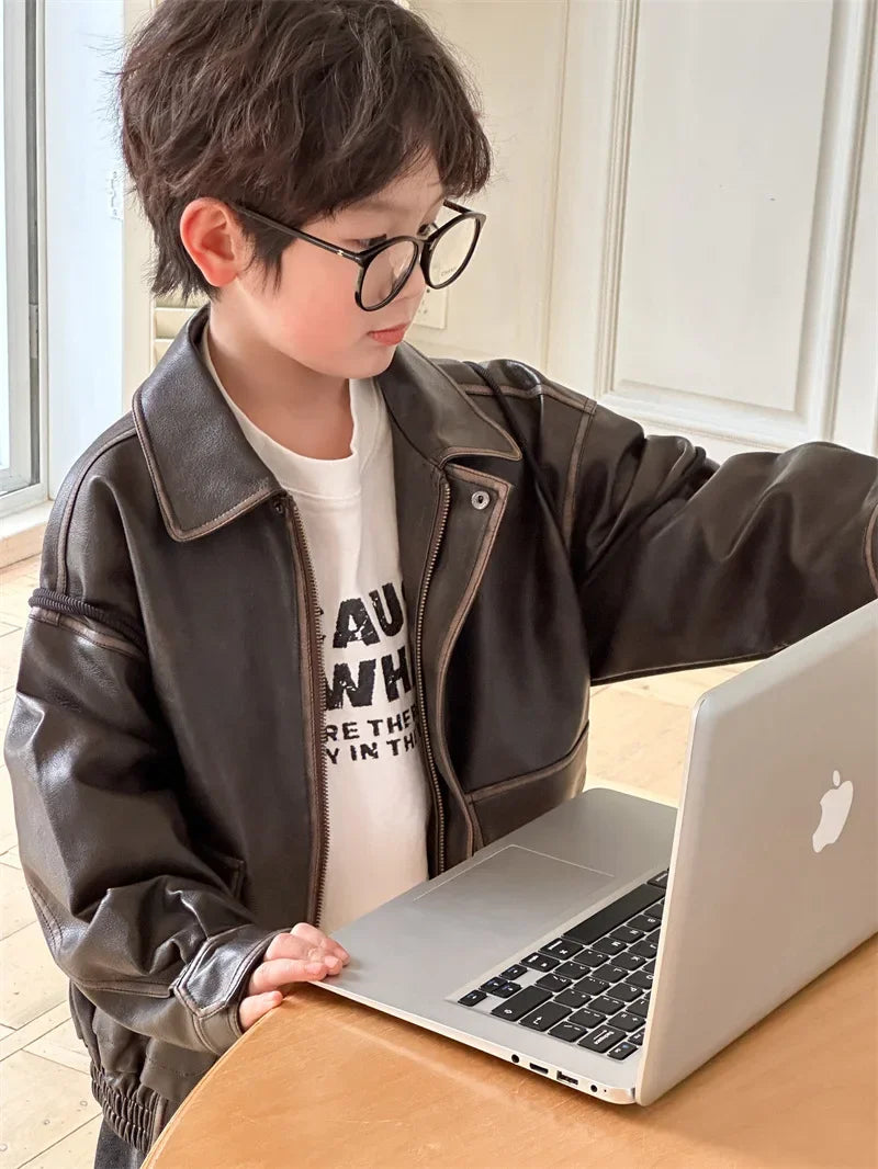 Children Clothing Fashion Casual All Match Leather Coat 2024 Fall New Boys Girls Retro Cool Jacket Solid Color Simple Coat Shello's Creative Boutique
