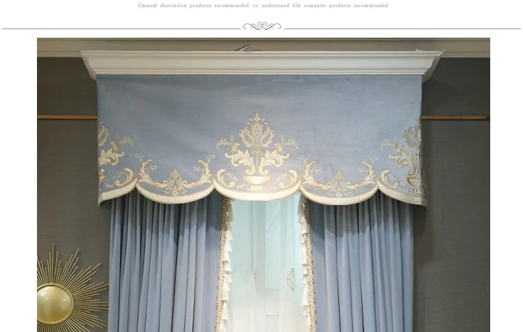Modern European Luxury Curtains - Blue Velvet Spliced Tassel with Embroidered Tulle