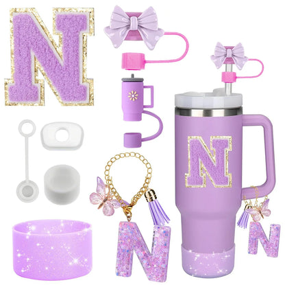 8PCS Accessories Set for Stanley Cup Purple 30oz 40oz tumbler Silicone Straw Topper Cover Cap Boot Handle Charm Initials Sticker - Shello's Creative Boutique
