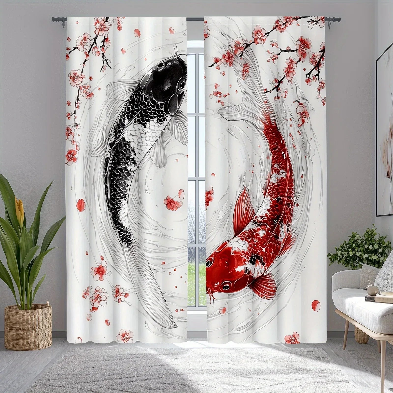 Japanese Koi Fish Blackout Curtains – Ukiyo-e Cherry Blossom Drapes (2 Pack) - Shello's Creative Boutique