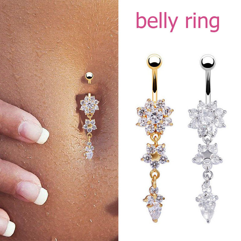 Flower Pendant Crystal Belly Button Ring