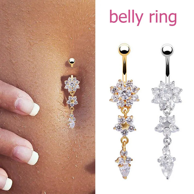 Flower Pendant Crystal Belly Button Ring