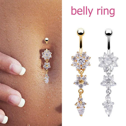 Flower Pendant Crystal Belly Button Ring