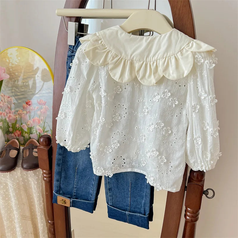 Children's Clothing Shirt 2024 New Girls Doll Shirt Childrens Clothing Autumn Clothing Korean Embroidered Shirt Baby Shello's Creative Boutique