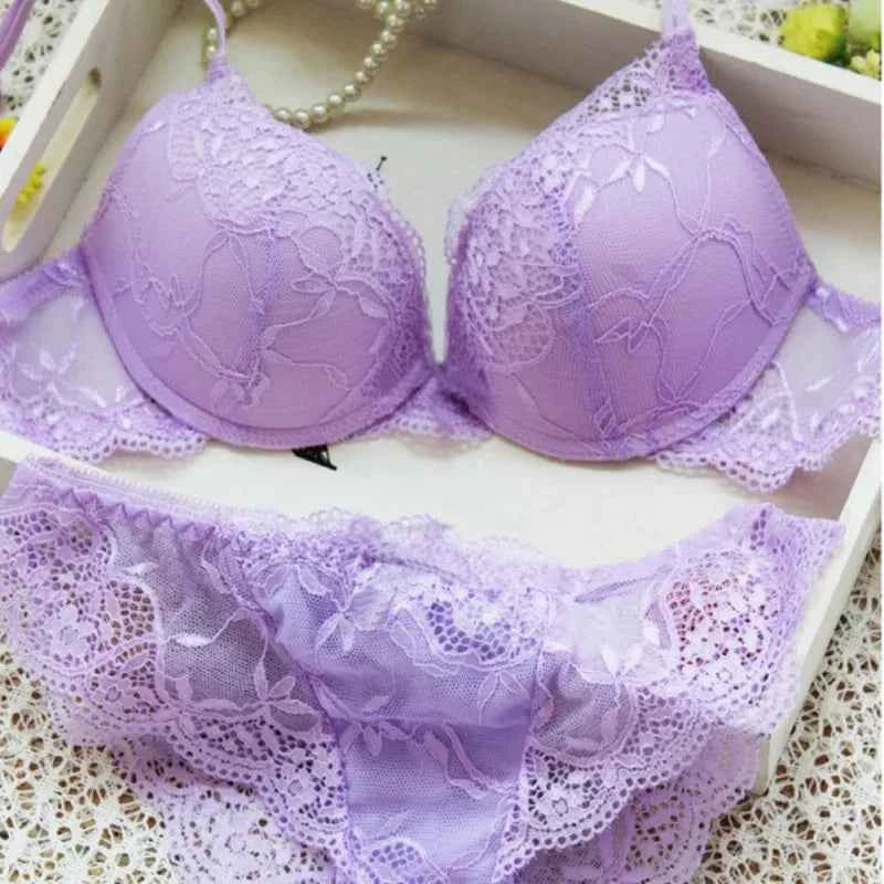Women Sexy Lace Bra 2Pcs/Sets Fashion Thin Breathable Bra Push-up Underwear Underpants Female Embroidered Hollowed Lace Bra Set