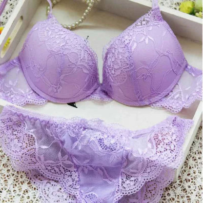 Women Sexy Lace Bra 2Pcs/Sets Fashion Thin Breathable Bra Push-up Underwear Underpants Female Embroidered Hollowed Lace Bra Set