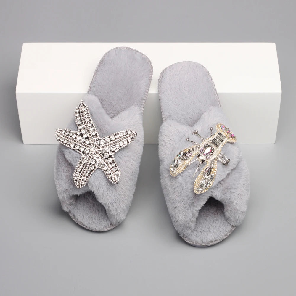 Women's Fur Slides - Fluffy Cross Strap Slippers with Starfish Lobster Decor - Shello's Creative Boutique