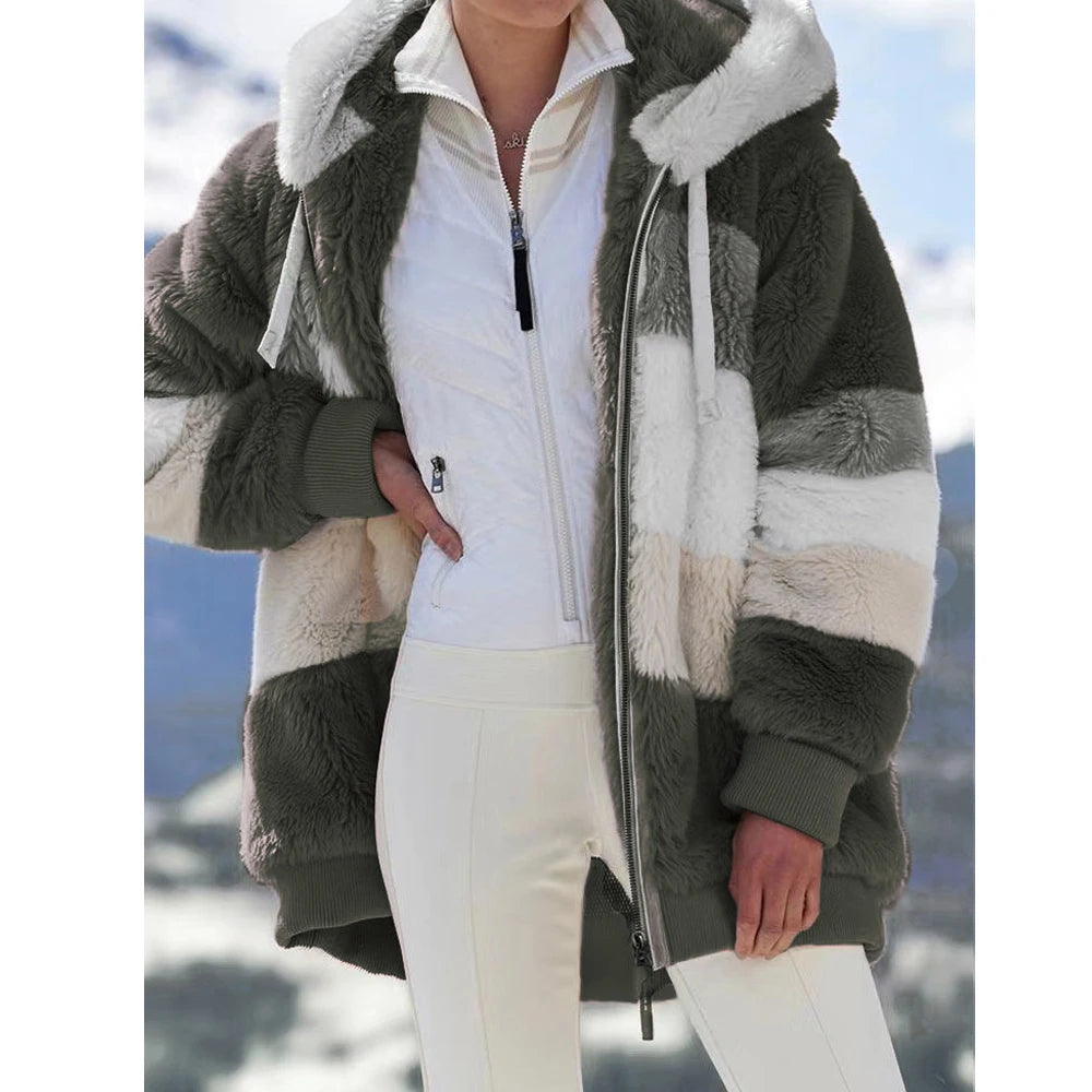 Women's Winter Hooded Coat 2026 - Thick Cashmere Plaid Stitched Jacket with Zipper - Shello's Creative Boutique