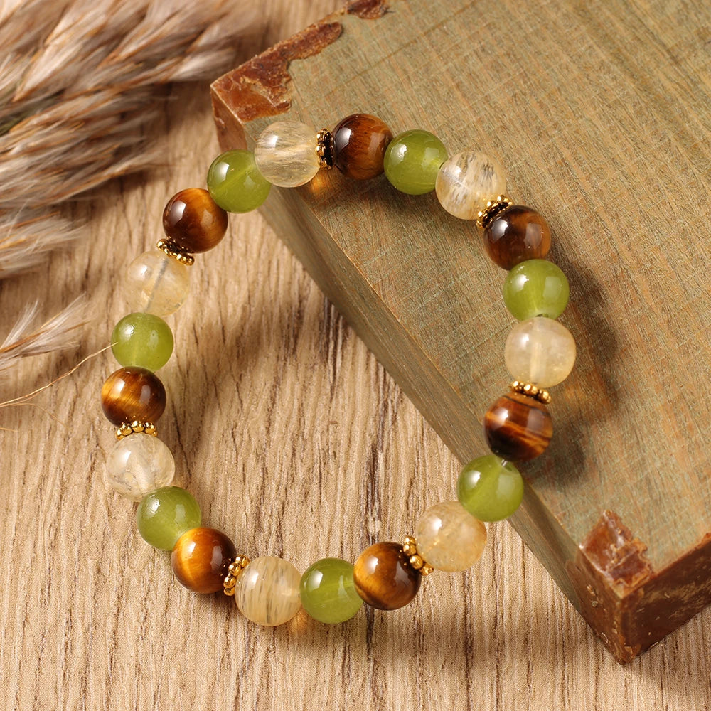 Tiger Eye, Citrine & Green Jade Natural Stone Beaded Bracelet with Gold Spacers