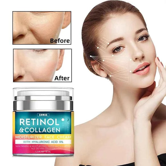 Retinol Cream for Face with Hyaluronic Acid, Day-Night Anti-Aging Moisturizer Collagen Cream for Face Reduces Wrinkles, Dryness