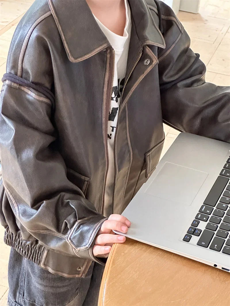 Children Clothing Fashion Casual All Match Leather Coat 2024 Fall New Boys Girls Retro Cool Jacket Solid Color Simple Coat Shello's Creative Boutique