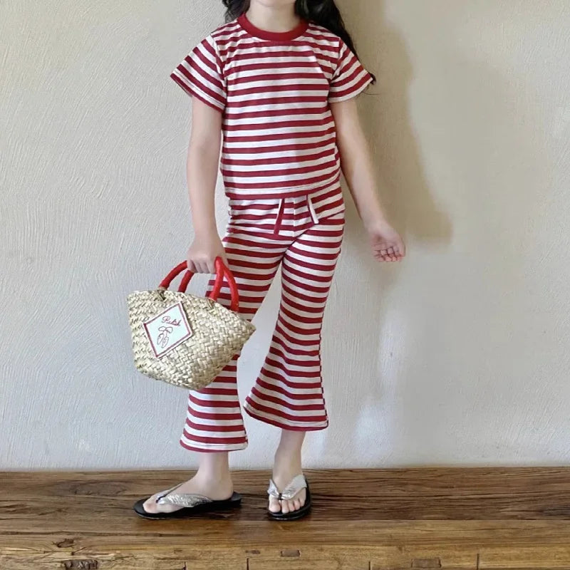 Girls’ Summer Line-Drawing 2-Piece Set – Striped Art-Inspired Tee & Wide-Leg Culottes Shello's Creative Boutique