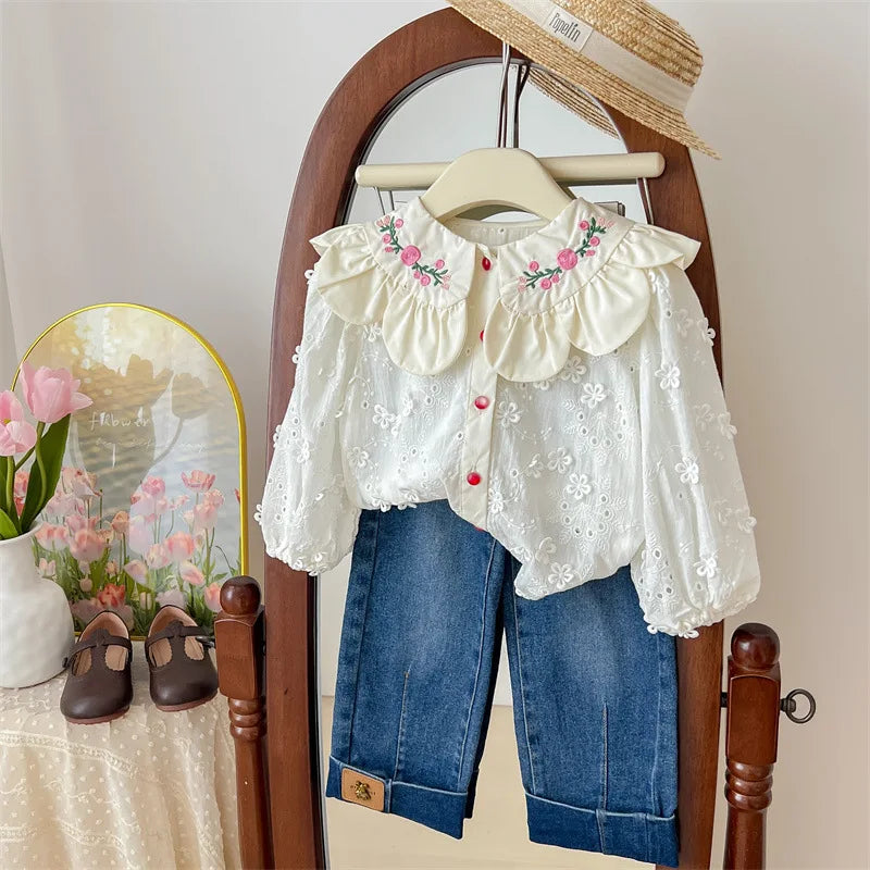 Children's Clothing Shirt 2024 New Girls Doll Shirt Childrens Clothing Autumn Clothing Korean Embroidered Shirt Baby Shello's Creative Boutique