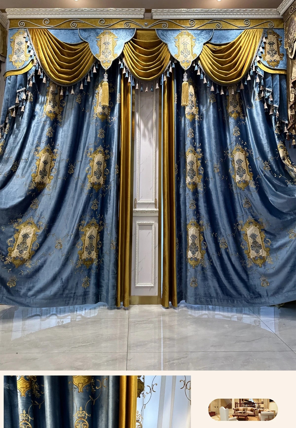 French European Blue Velvet Blackout Curtains - Custom Bay Window Drapes with Tulle Valance