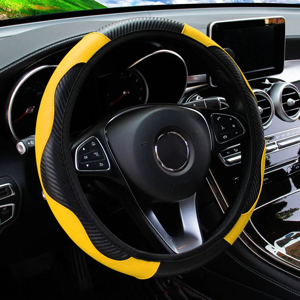 PU Carbon Fiber Leather Car Steering Wheel Cover - 14.5-15 Inches