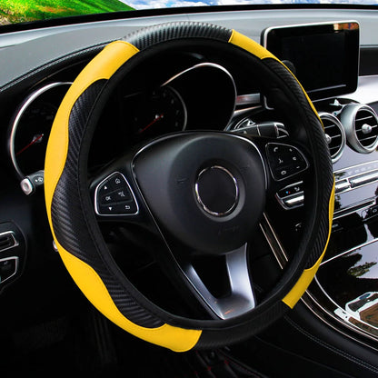 PU Carbon Fiber Leather Car Steering Wheel Cover - 14.5-15 Inches