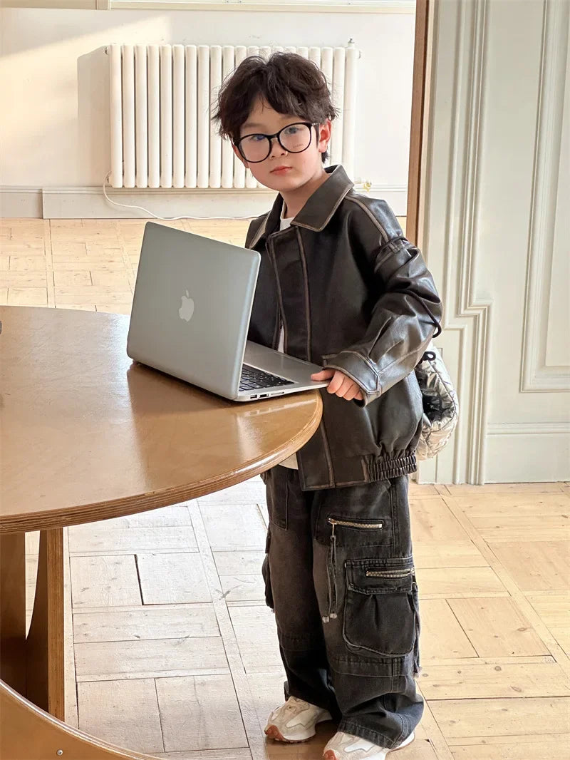 Children Clothing Fashion Casual All Match Leather Coat 2024 Fall New Boys Girls Retro Cool Jacket Solid Color Simple Coat Shello's Creative Boutique