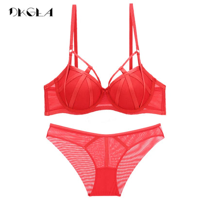 DKGEA Black Bandage Push-Up Bra & Brief Set – Sexy Deep V Floral Embroidered Lingerie for Women (B–D Cup, Sizes 70–95)